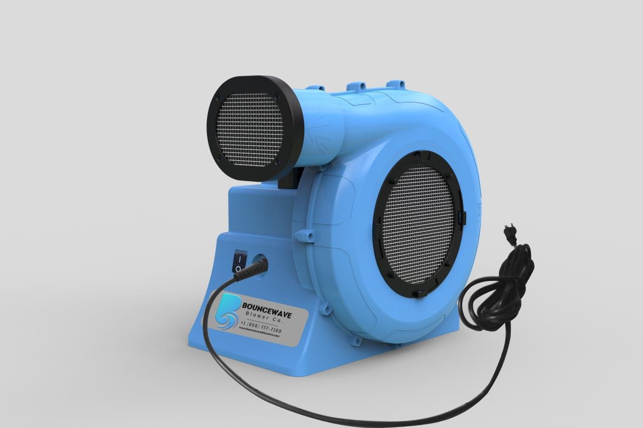 1.0hp BounceWave Air Pump for Inflatables side view showcasing blue casing, black mesh covers, and power cord on neutral surface
