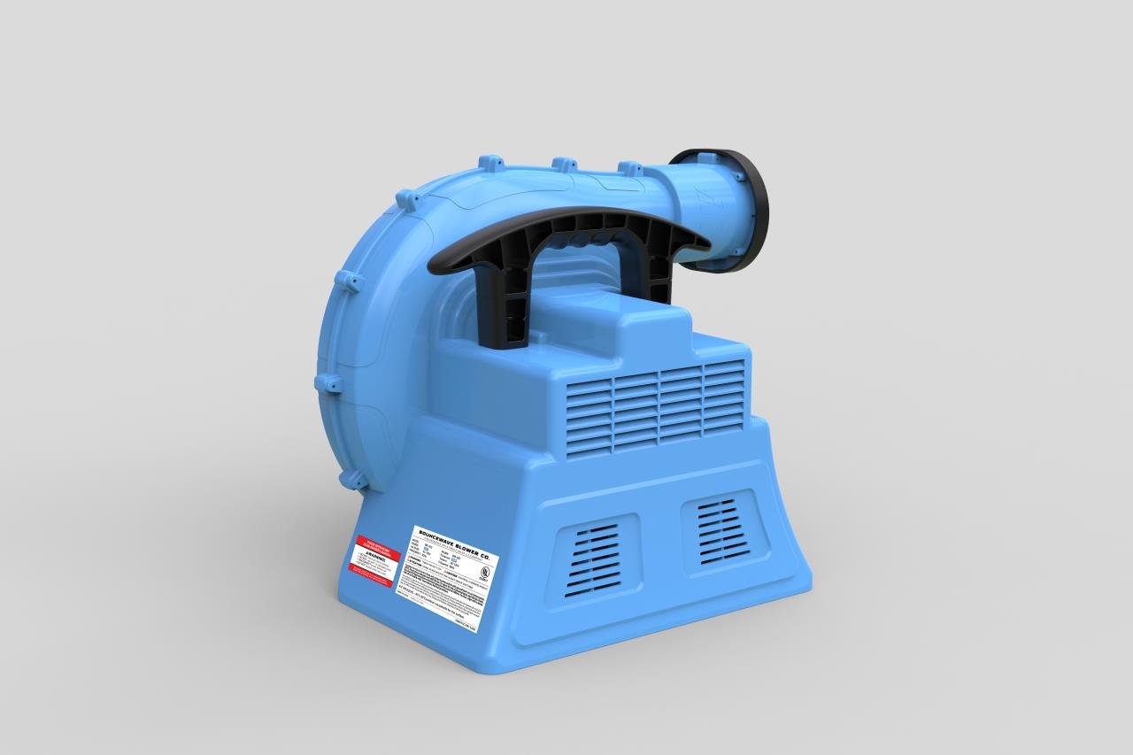 1.0hp BounceWave Air Pump for Inflatables rear view displaying blue body, ventilation slots, and product information label