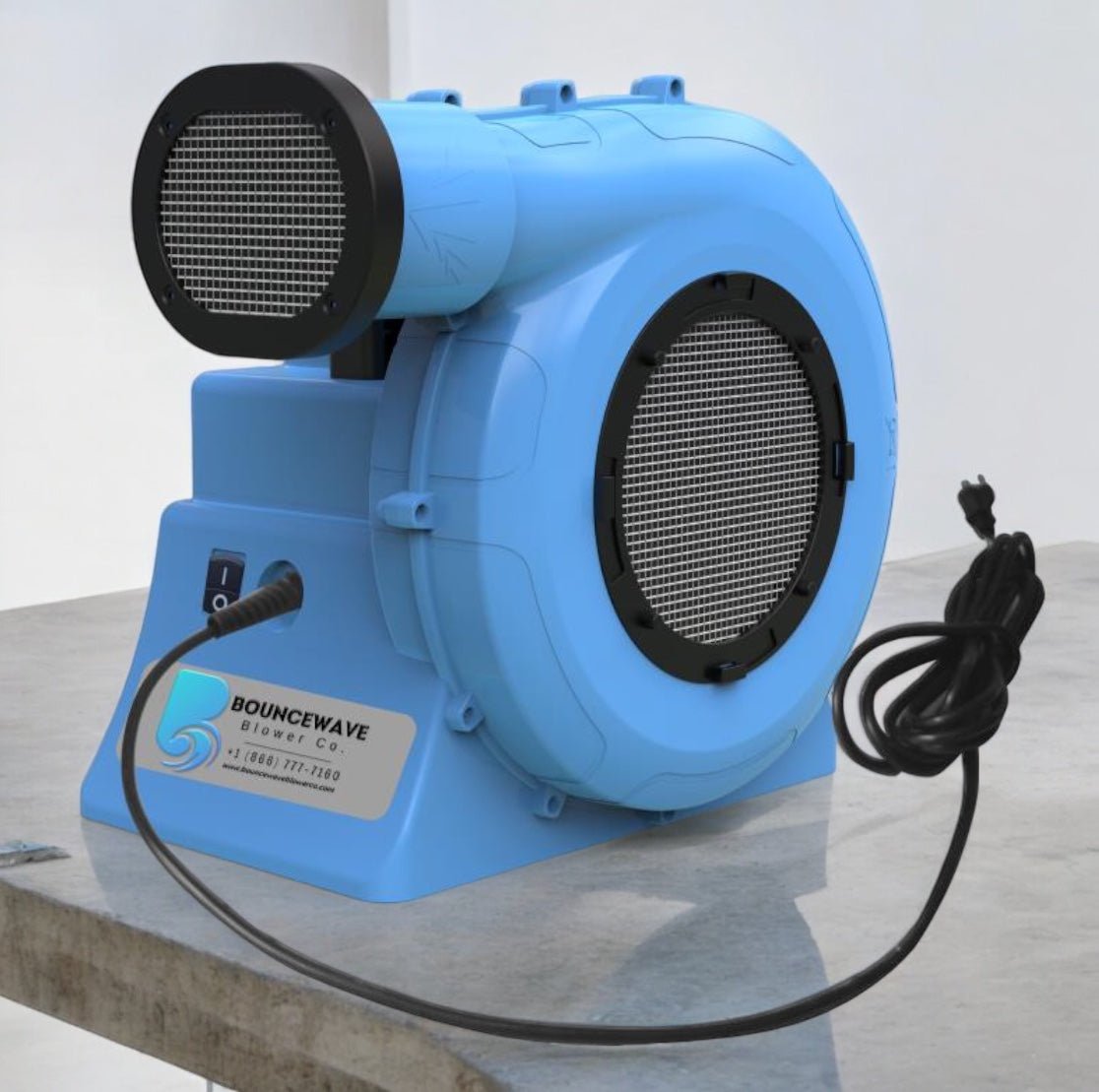 1.0hp BounceWave Air Pump for Inflatables featuring blue housing, dual air outlets, and Bouncewave branding on a white background
