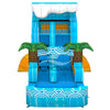 Front view of Akua Falls inflatable water slide displaying vibrant blue design, single lane, palm tree decorations, and spacious splash pool with wave-inspired graphics.