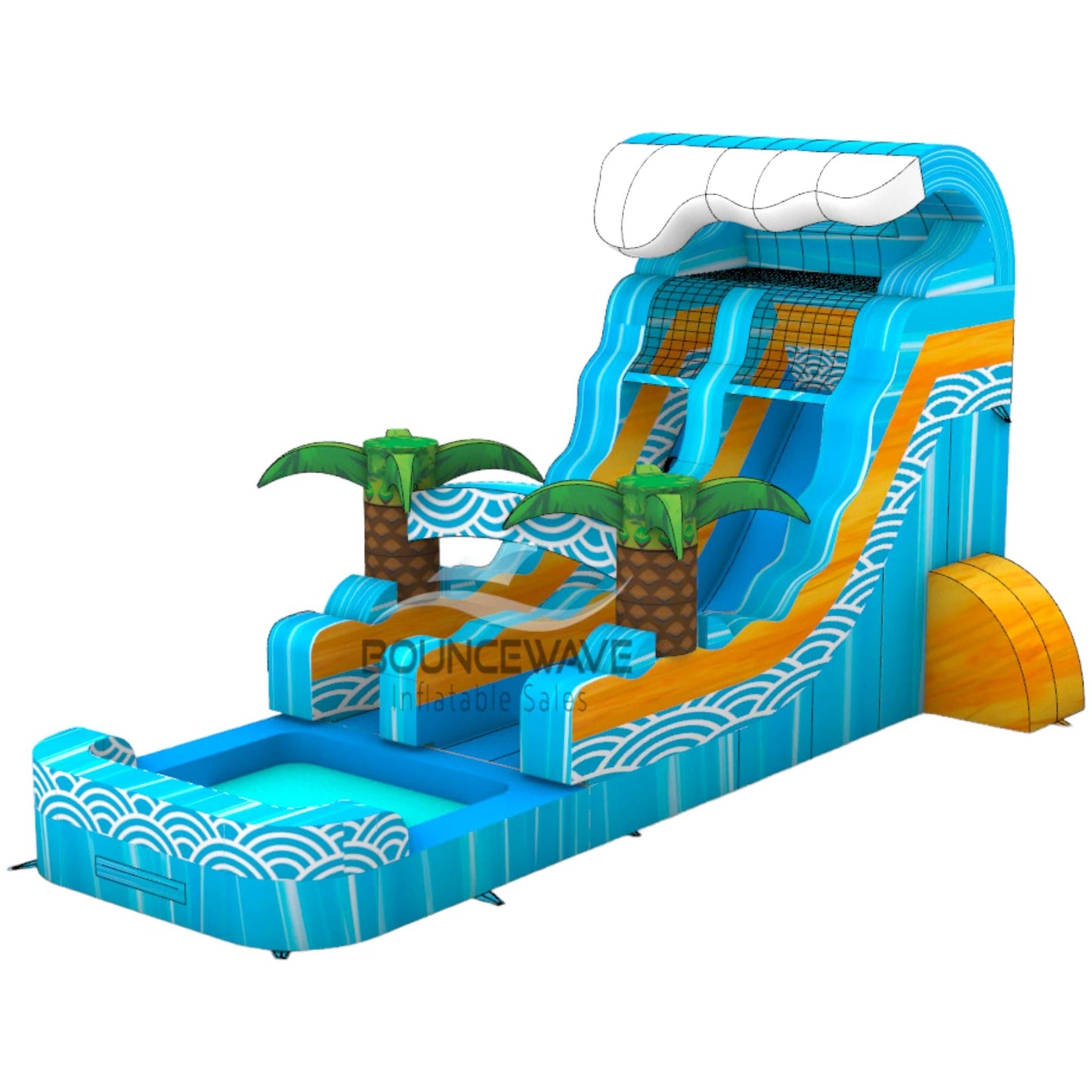 Side view of Akua Falls single lane water slide showing full length with blue sliding surface, palm tree accents, and large splash area with tropical wave patterns.