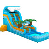 Large tropical-themed inflatable water slide featuring a single blue sliding lane, palm tree decorations, and an extended splash pool with wave-like design and blue color scheme.