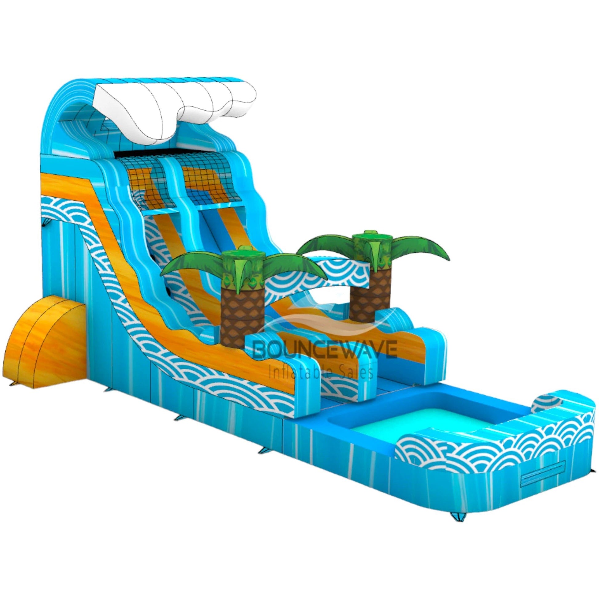 Large tropical-themed inflatable water slide featuring a single blue sliding lane, palm tree decorations, and an extended splash pool with wave-like design and blue color scheme.