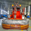 Front view of Buck Shot single lane water slide in indoor facility, showcasing its height, orange sliding surface, deer head on top, and extended splash pool with wood-grain design.