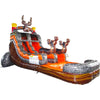 Large hunting-themed inflatable water slide featuring a deer head decoration, single orange sliding lane, and an extended splash pool with wood-grain design.