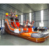 Large hunting-themed inflatable water slide featuring a deer head decoration, single orange sliding lane, and an extended splash pool with wood-grain design.