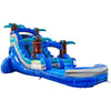 Side view of Cayman Crush single lane water slide showing full length with blue sliding surface, palm tree accents, and large splash area with tropical wave patterns.