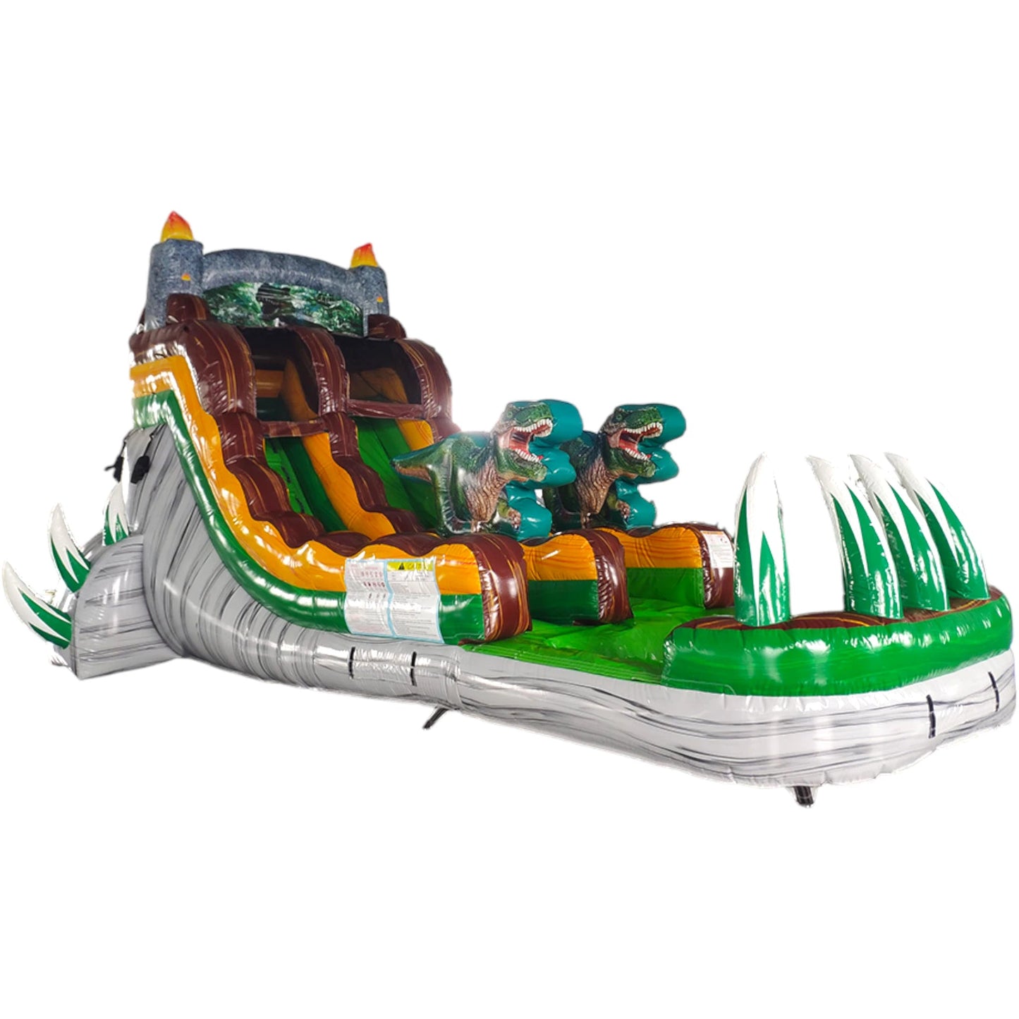 Close-up side view of Dino Dive single lane water slide showcasing dinosaur decorations, brown sliding surface, green accents, and white inflatable base.