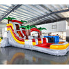 15ft Fire Island Commercial Single Lane Inflatable Water Slide side view displaying red curved slide, yellow base, and inflatable palm tree decorations in indoor facility
