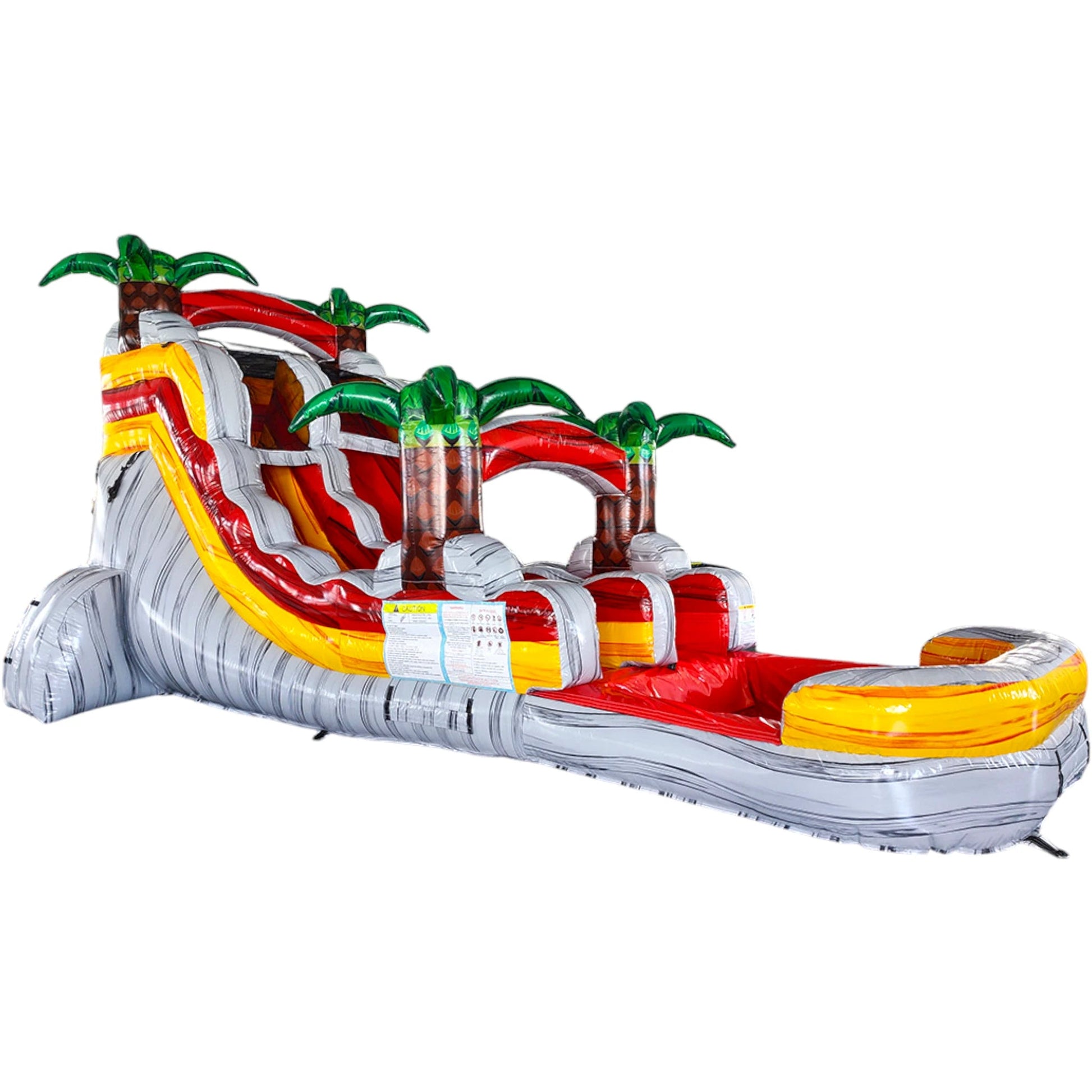 15ft Fire Island Commercial Single Lane Inflatable Water Slide featuring tropical palm trees, red curved slide, and yellow inflatable base on white background
