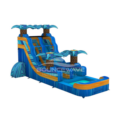 15ft Flashpoint Falls Commercial Single Lane Inflatable Water Slide front view displaying tropical-themed banner, blue slide, orange base, and BounceWave branding on inflatable structure
