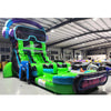 Side view of Game Wave single lane water slide showing full length with green sliding surface, VR headset-shaped top, and large splash area with gaming-inspired decorations.