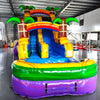 Front view of Goombay Splash single lane water slide featuring blue sliding lane, palm tree decorations, and large colorful splash pool in indoor facility.