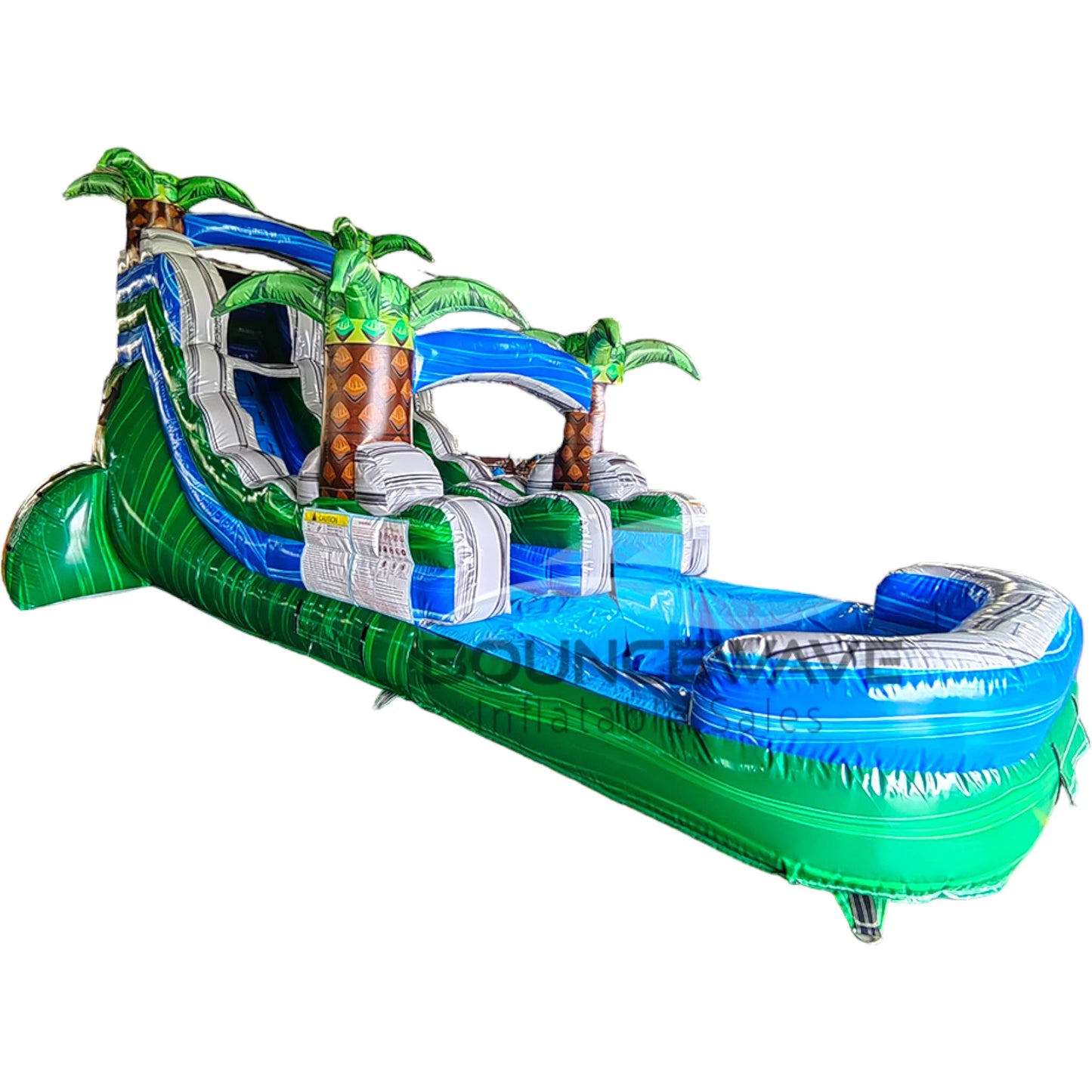 15ft Green Gush Commercial Single Lane Inflatable Water Slide featuring tropical palm trees, blue curved slide, and green inflatable base on white background
