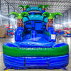 Front view of Island Drop single lane water slide showcasing its height, blue sliding surface, palm tree decorations, and extended splash pool area with green rim.