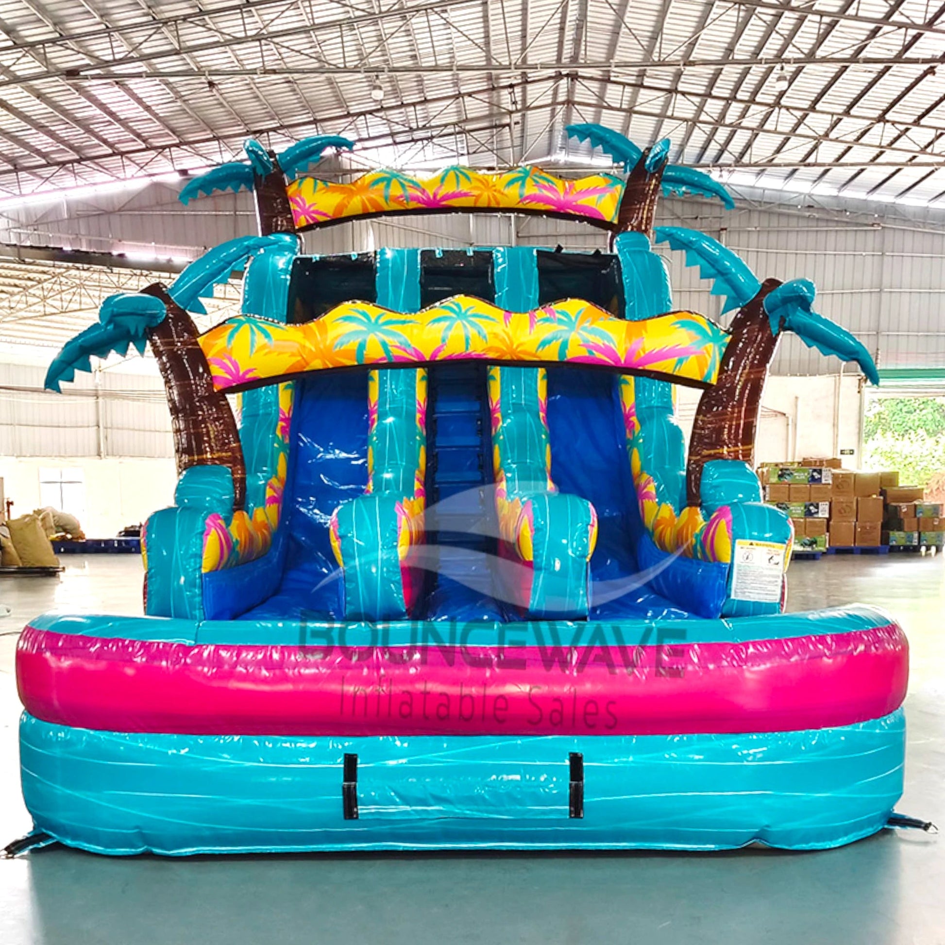 15ft Island Flow Palms Dual Lane Center Climb Inflatable Water Slide - BounceWave Inflatable Sales