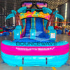 Close-up front view of Island Flow single lane water slide, displaying vibrant tropical colors, sunglasses-shaped top with beach scene, blue sliding surface, and pink-rimmed splash pool.