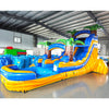 Side view of Lava Falls single lane water slide in indoor warehouse, showing full length with blue sliding surface, palm tree accents, and large splash area with yellow base.