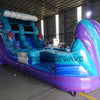 15ft Mermaid Commercial Single Lane Inflatable Water Slide side view showcasing blue structure, purple accents, wave-shaped slide, and extended splash pool in indoor facility
