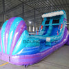 15ft Mermaid Commercial Single Lane Inflatable Water Slide front view displaying tropical-themed banner, blue curved slide, and purple inflatable base with BounceWave branding
