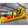 15ft Rasta Splash Commercial Single Lane Inflatable Water Slide side angle displaying yellow frame, red curved slide, palm tree decorations, and large inflatable pool area
