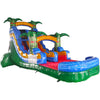 Large tropical-themed inflatable water slide featuring a single sliding lane, palm tree decorations, and an extended splash pool with vibrant blue, yellow, and green colors in indoor warehouse setting.