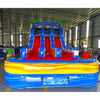 15ft Rip Curl Dual Lane Center Climb Inflatable Water Slide front view displaying tropical theme, dual red slides, blue supports, and multicolored splash pool
