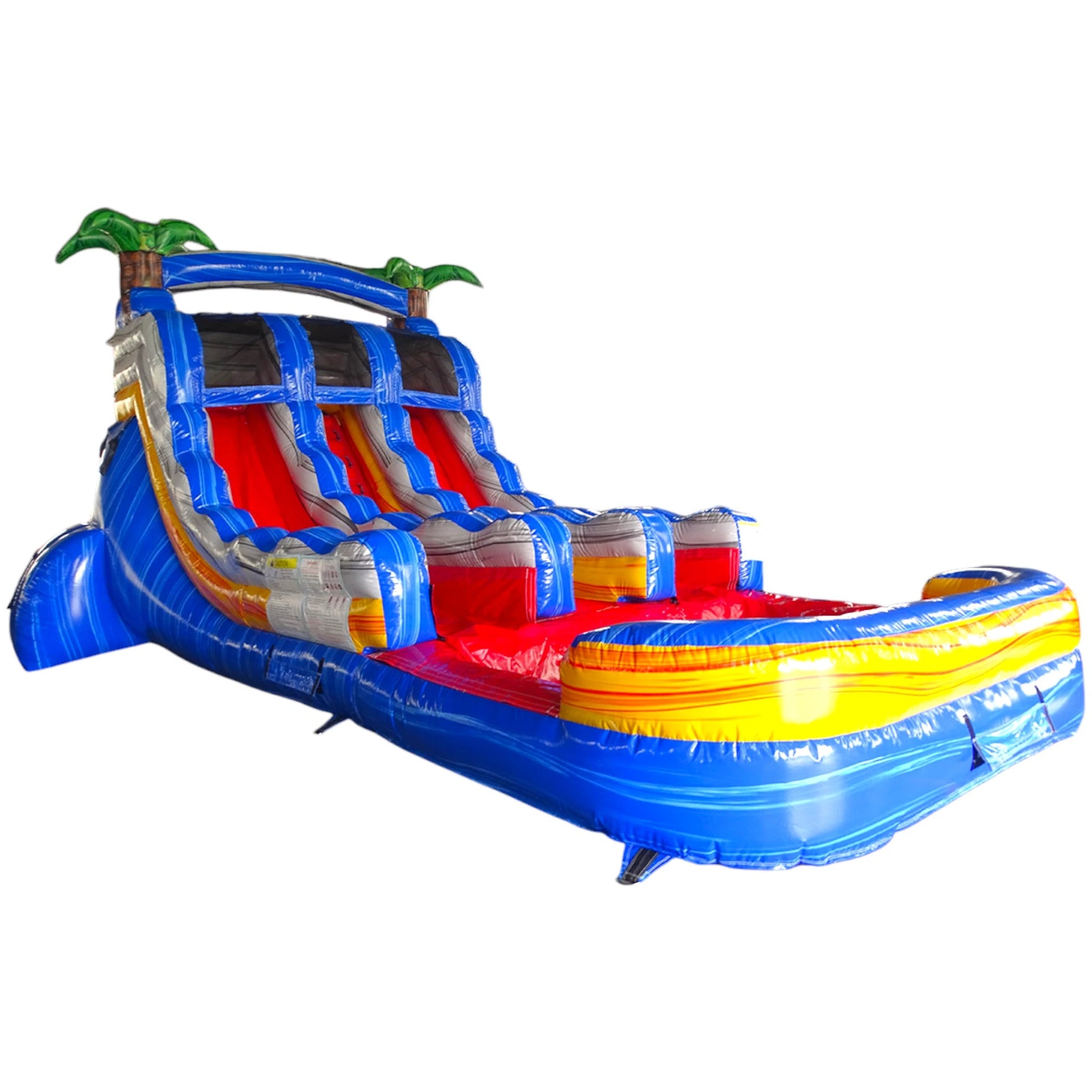 15ft Rip Curl Dual Lane Center Climb Inflatable Water Slide featuring blue structure, red slides, palm tree decorations, and colorful splash pool in warehouse setting
