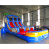 15ft Rip Curl Dual Lane Center Climb Inflatable Water Slide side view showcasing blue frame, dual red slides, inflatable palm trees, and yellow-red pool area
