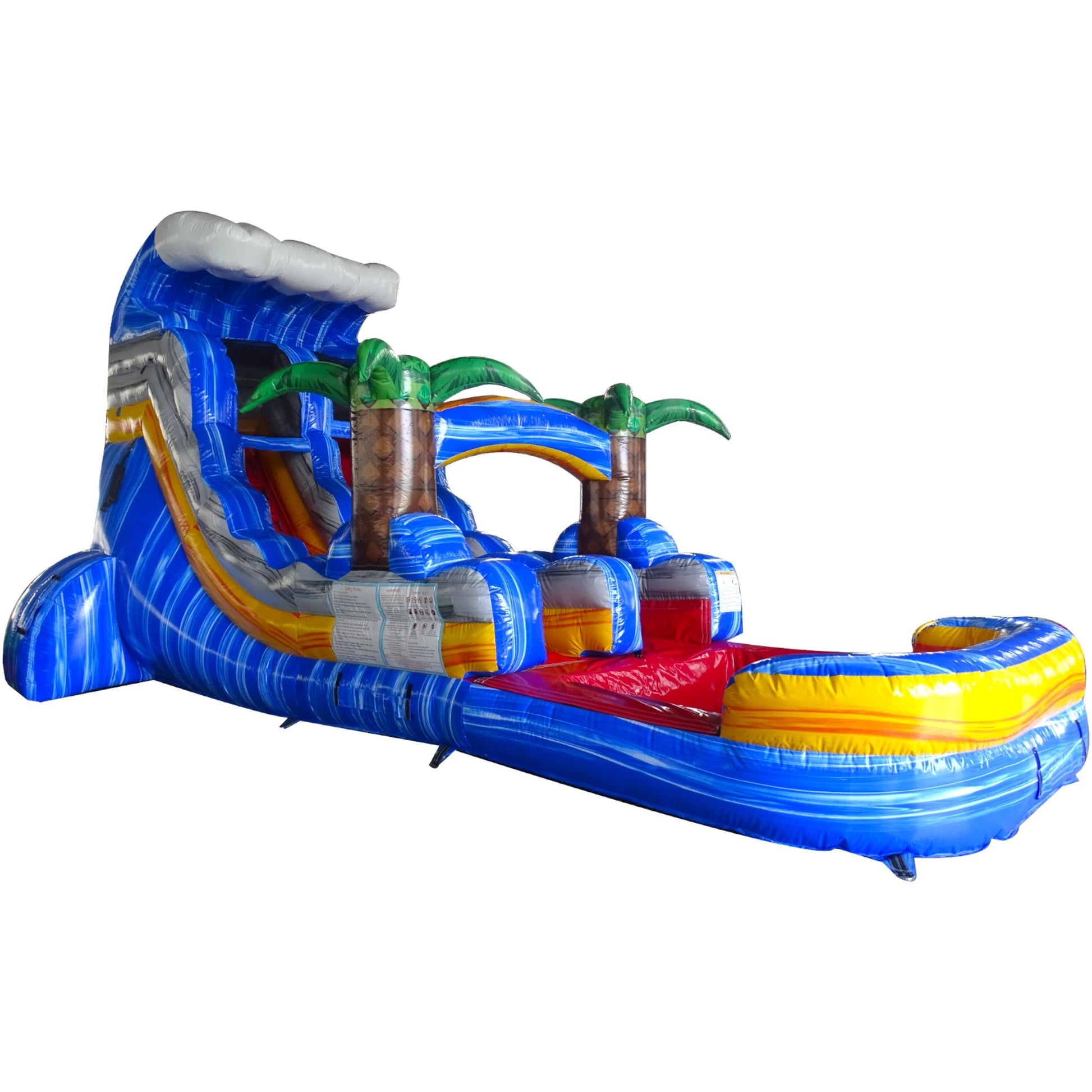 Large tropical-themed inflatable water slide featuring a single blue sliding lane, palm tree decorations, and an extended splash pool with wave-like design in outdoor setting.