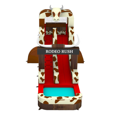 15ft Rodeo Rush Commercial Single Lane Inflatable Water Slide featuring cow-print design, red slide, inflatable cow head, and "Rodeo Rush" banner in front view
