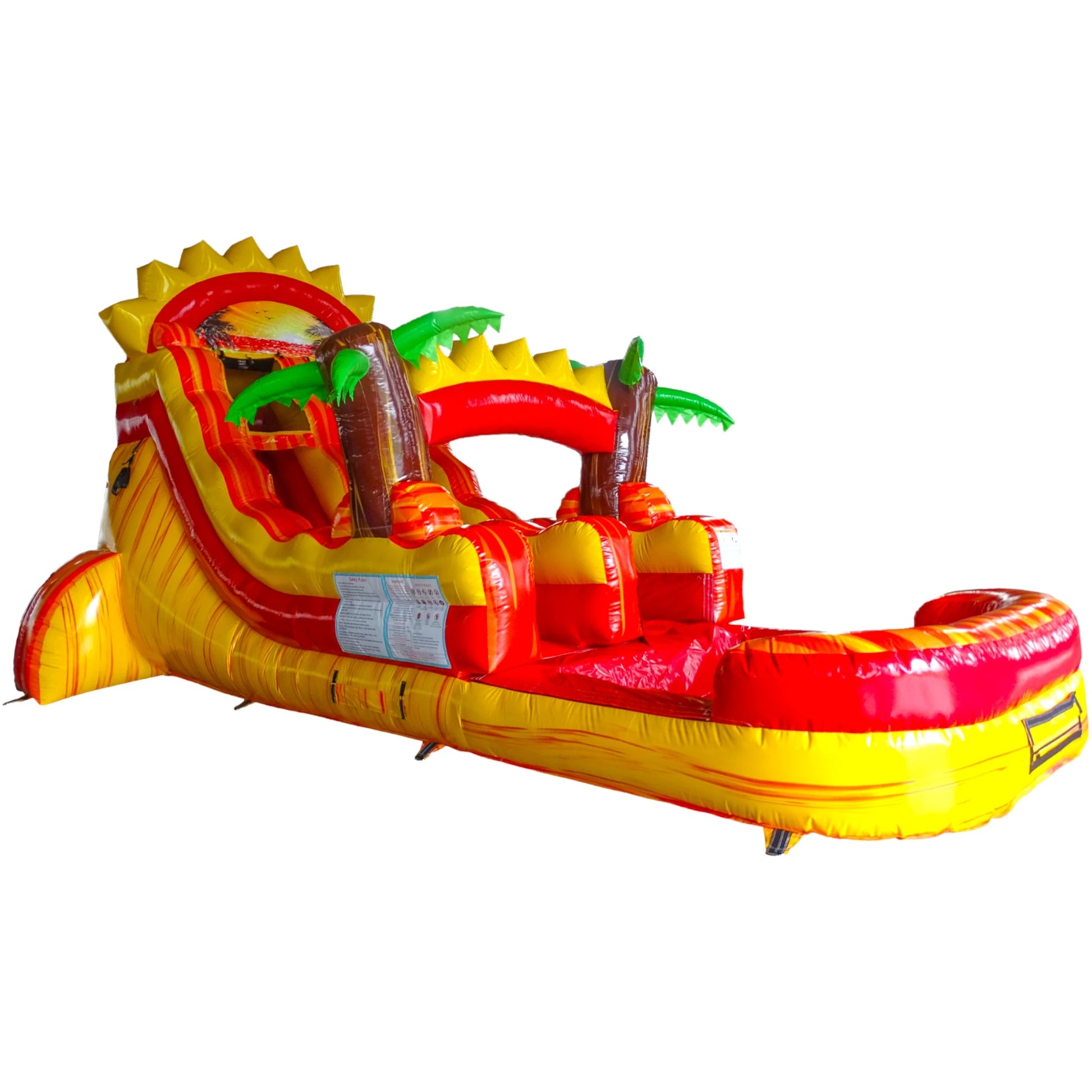 Large tropical-themed inflatable water slide featuring a single yellow sliding lane, sun design on top, palm tree decorations, and an extended splash pool with red and yellow colors.