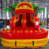 Front view of Summer Sizzler inflatable water slide displaying vibrant yellow and red design, single lane, sun and palm tree decorations, and spacious splash pool in indoor facility.