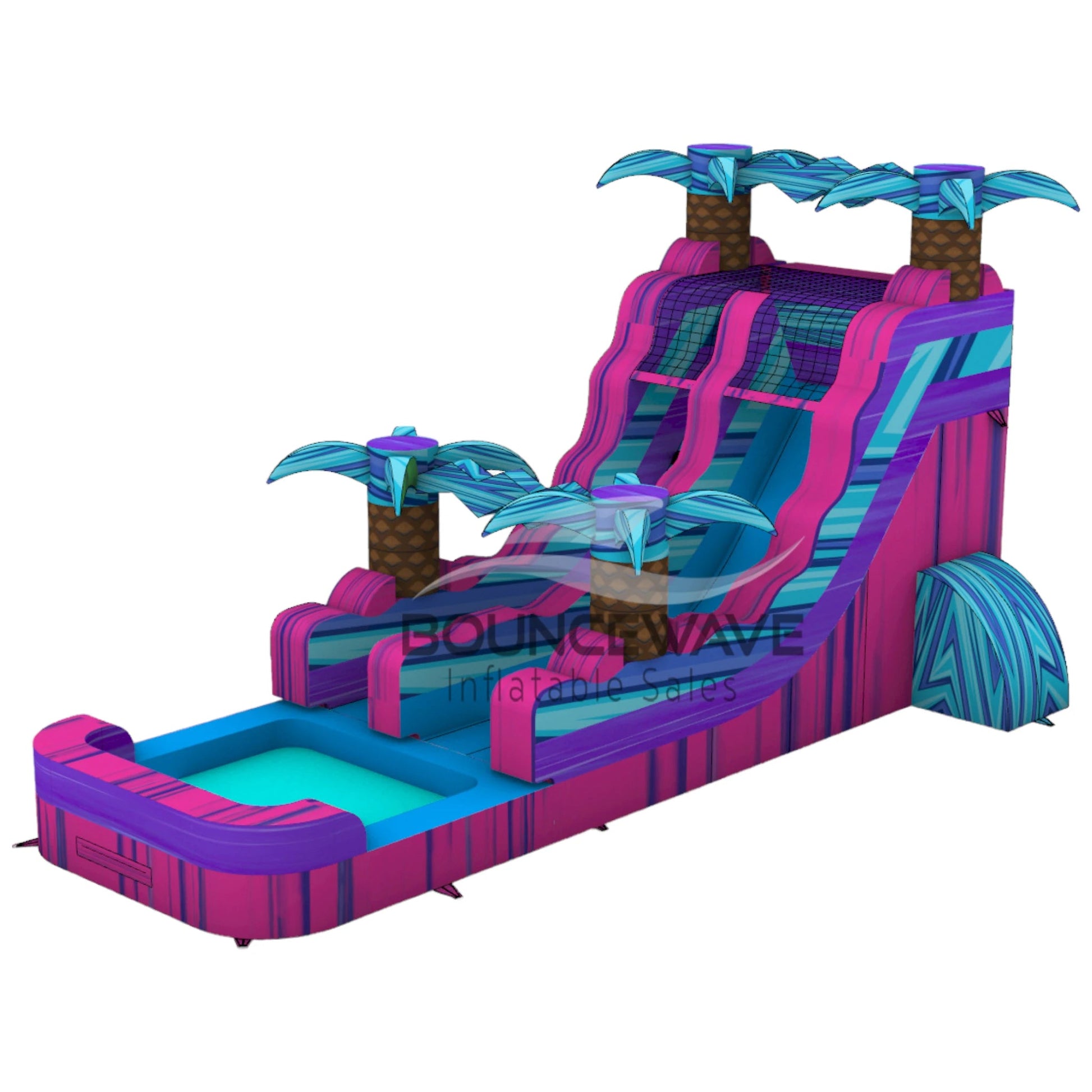 15ft Supernova Splash Commercial Single Lane Inflatable Water Slide featuring vibrant pink and purple design with palm tree decorations, curved slide, and extended splash pool on white background
