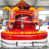 Front view of Tiki Volcano inflatable water slide displaying vibrant red and orange design, single lane, tiki mask decorations, and spacious splash pool with lava-themed elements.