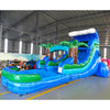 Large tropical-themed inflatable water slide featuring a single blue sliding lane, palm tree decorations, and an extended splash pool with wave-like design in indoor warehouse setting.