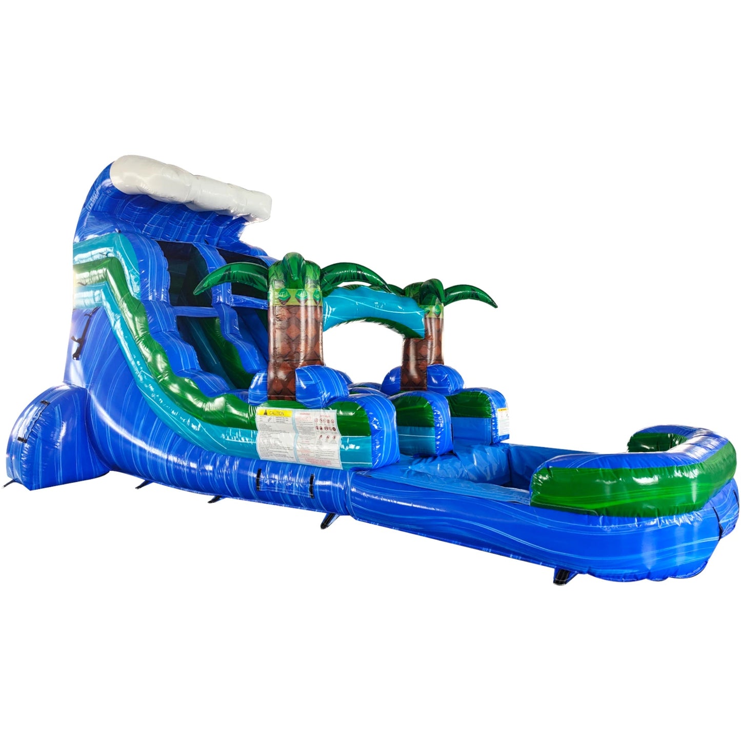 Side view of Trop Wave single lane water slide showing full length with blue sliding surface, palm tree accents, and large splash area with blue and green colors.