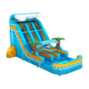 Side angle view of 18ft Akua Falls water slide showing blue sliding lanes, yellow accents, inflatable palm trees, and central climbing area with safety netting, set against a white background.