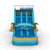 Front view of 18ft Akua Falls inflatable water slide featuring three blue lanes, tropical wave patterns, palm tree decorations, and a central climbing structure with safety netting.