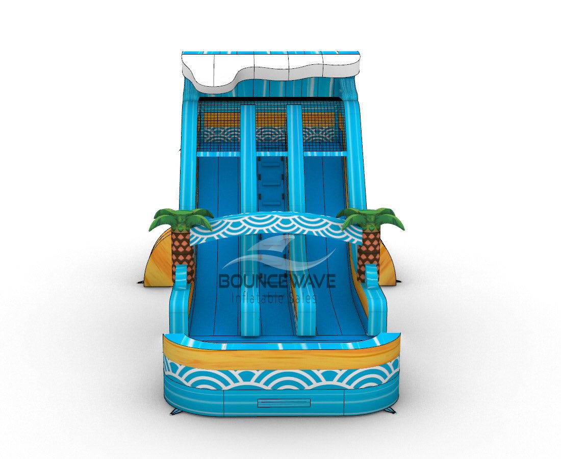 Front view of 18ft Akua Falls inflatable water slide featuring three blue lanes, tropical wave patterns, palm tree decorations, and a central climbing structure with safety netting.