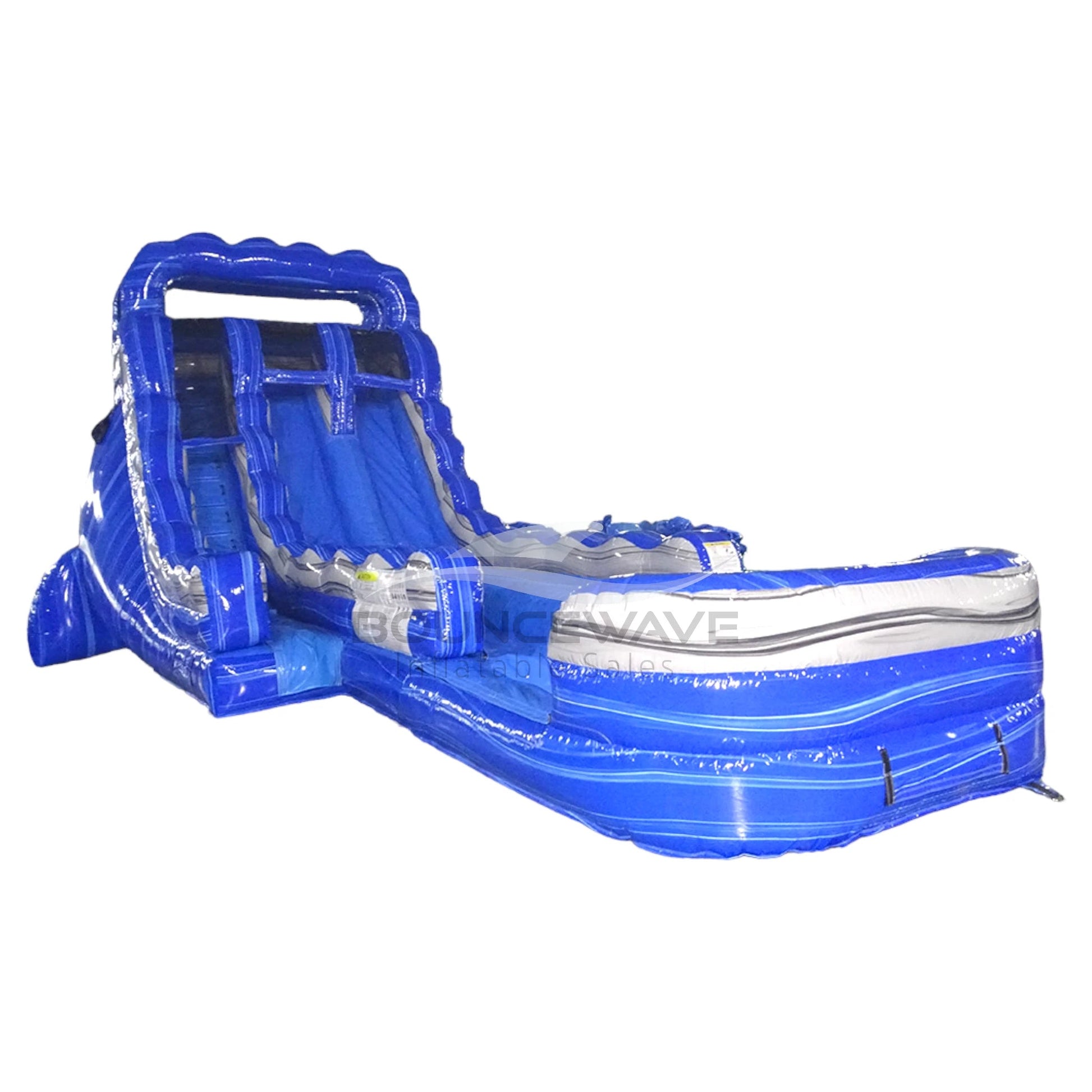 Close-up of the 18-foot Blue Lagoon inflatable water slide, highlighting its dual lanes, wavy blue design, and safety features including inflated side walls and a cushioned landing area