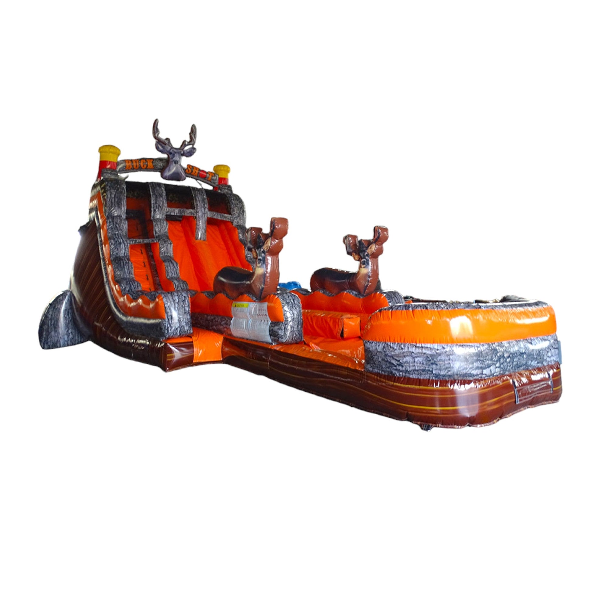 18-foot Buck Shot inflatable water slide with hunting theme, featuring a tall orange and brown structure, deer head decoration, dual sliding lanes, and a large splash pool. 