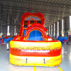 Front view of the 18-foot Crawfish Boil hybrid inflatable water slide in an indoor setting, highlighting its towering red structure, dual lanes, crawfish graphics, and large yellow and orange splash pool, perfect for all-weather use.