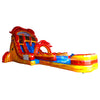 18-foot Crawfish Boil hybrid inflatable water slide featuring vibrant red and orange colors, dual sliding lanes, and a large splash pool. This crawfish-themed waterslide combines a tall structure with playful design elements for outdoor entertainment.