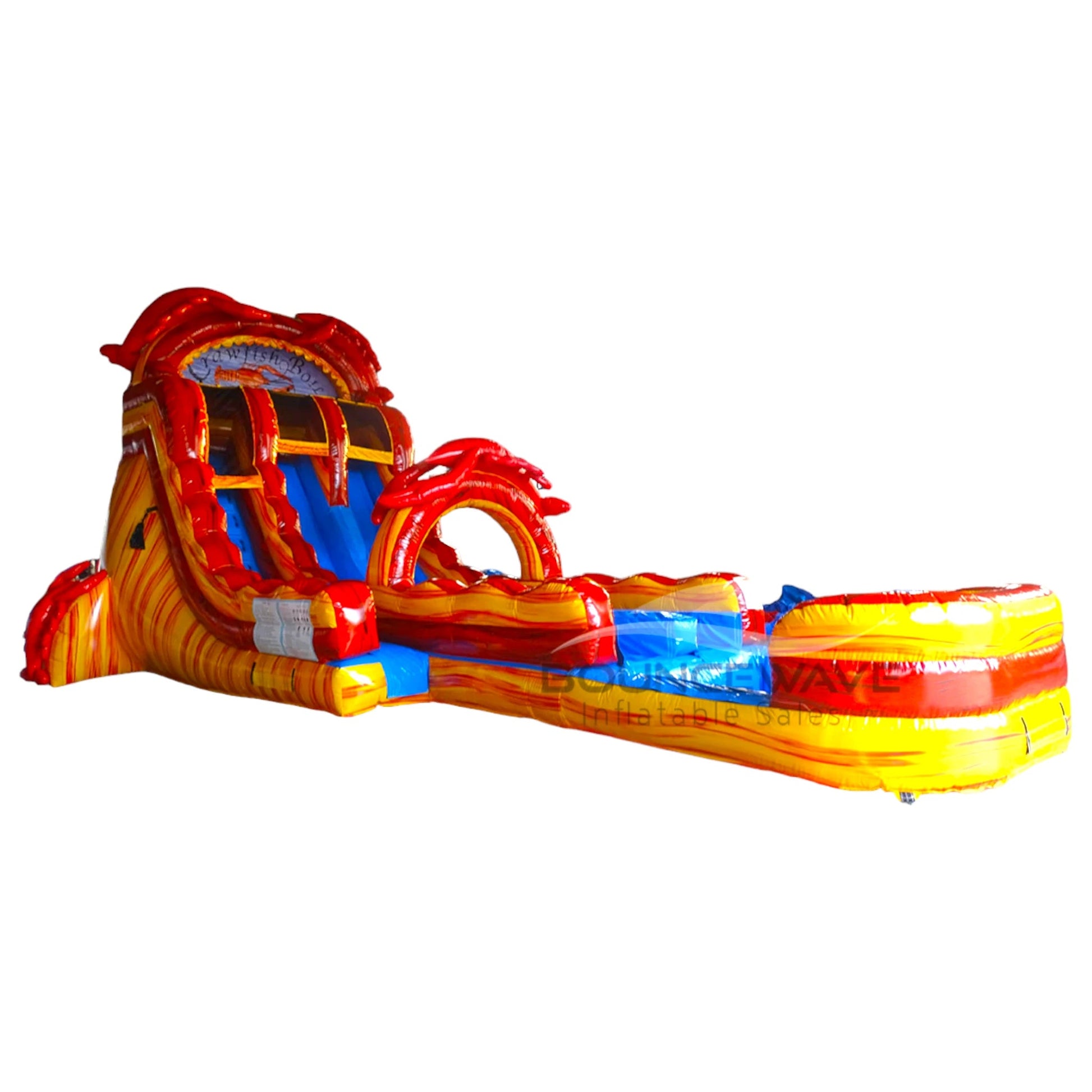 18-foot Crawfish Boil hybrid inflatable water slide featuring vibrant red and orange colors, dual sliding lanes, and a large splash pool. This crawfish-themed waterslide combines a tall structure with playful design elements for outdoor entertainment.