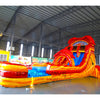 Side view of the 18-foot Crawfish Boil hybrid inflatable waterslide, showcasing its height, dual red sliding lanes, crawfish-inspired decorations, and extended splash area with yellow and orange accents.