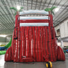 Rear view of 18ft Crimson Bay inflatable water slide showing red support structure, blue wave-patterned top, and green palm tree decorations, with a yellow air pump visible at the base.