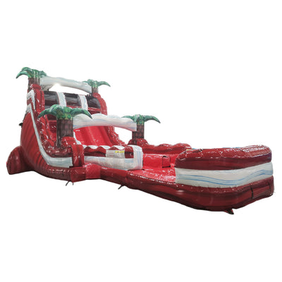 18-foot Crimson Bay hybrid inflatable water slide featuring a vibrant red and white color scheme, dual sliding lanes, palm tree decorations, and a large splash pool. This tropical-themed waterslide combines a tall structure with curved slides for an exciting outdoor water entertainment experience