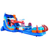 18-foot Deep Sea Dive hybrid inflatable water slide featuring vibrant blue colors, dual sliding lanes, sea creature decorations, and a large splash pool. This ocean-themed waterslide combines a tall structure with curved slides for an exciting aquatic adventure.