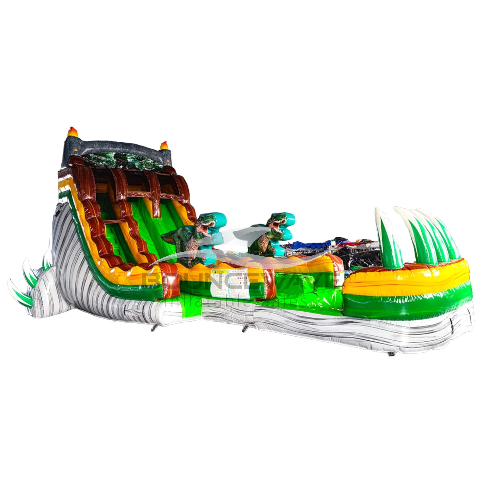 Large inflatable dinosaur-themed water slide with dual lanes, tall structure, and spacious splash pool.